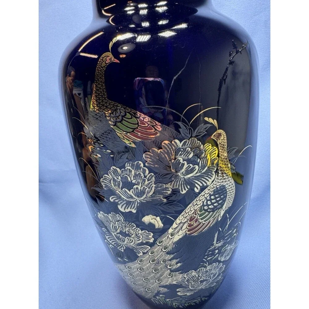 Vintage Japanese Ceramic Vase Cobalt Blue  With Gold Peacocks/ Flowers Signed